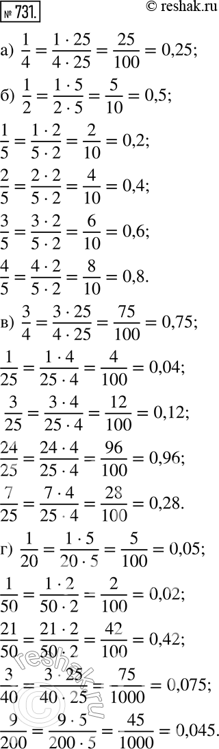  731.       :)  1/4=(125)/(425)=25/100=0,25; )  1/2,1/5,2/5,3/5,4/5; )  3/4,1/25,3/25,24/25,7/25; ) ...