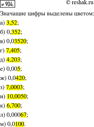  904.    :) 3,52;     ) 0,352;  ) 0,03520;  ) 7,405;) 4,203;    ) 0,005;  ) 0,0420;   ) 7,0003;) 10,0050;  ) 6,700;  )...