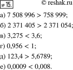  15.  :) 7 508 996  758 999;) 2 371 405  2 371 054;) 3,275  3,6;	 ) 0,956  1;	) 123,4  5,6789;) 0,0009 ...