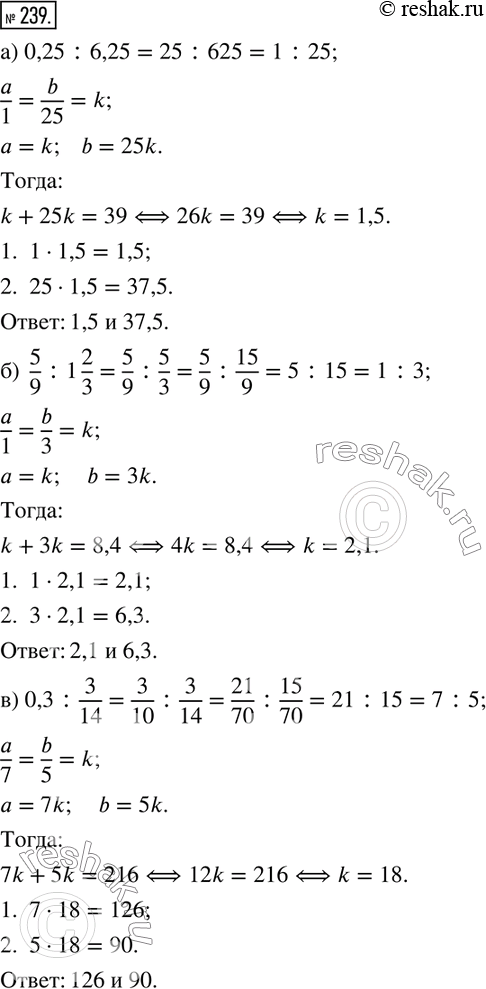  239.  :) 39   0,25 : 6,25;) 8,4   5/9 : 1;) 216   0,3 : 3/14; ) 330   0,6 : 0,9 : 1,8;) 5 2/3 ...