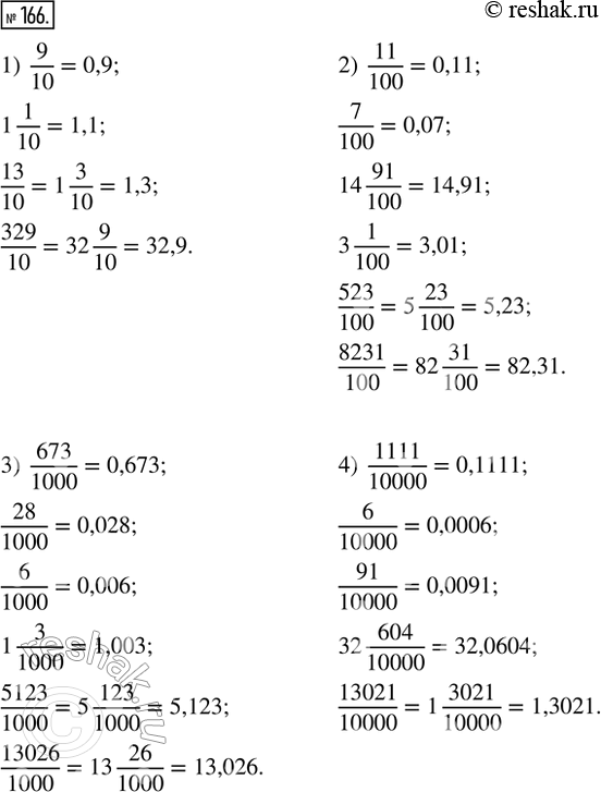  166.     :1) 9/10, 1 1/10, 13/10, 329/10;2) 11/100, 7/100, 14 91/100, 3 1/100, 523/100, 8231/100;3) 673/1000, 28/1000, 6/1000, 1...