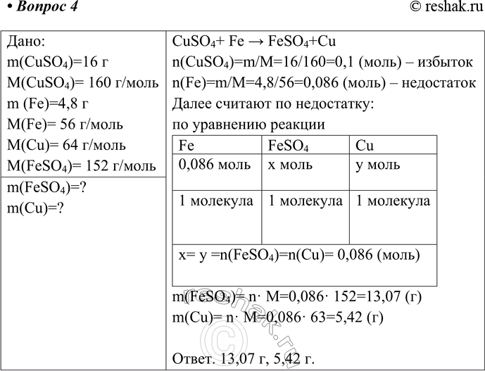  4.  ,  16   (II),  4,8   .       ?:m(CuSO4)=16 M(CuSO4)= 160...