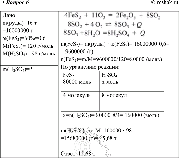  6.        16  ,  60 %   FeS2?:m()=16 = =16000000 w(FeS2)=60%=0,6M(FeS2)= 120...