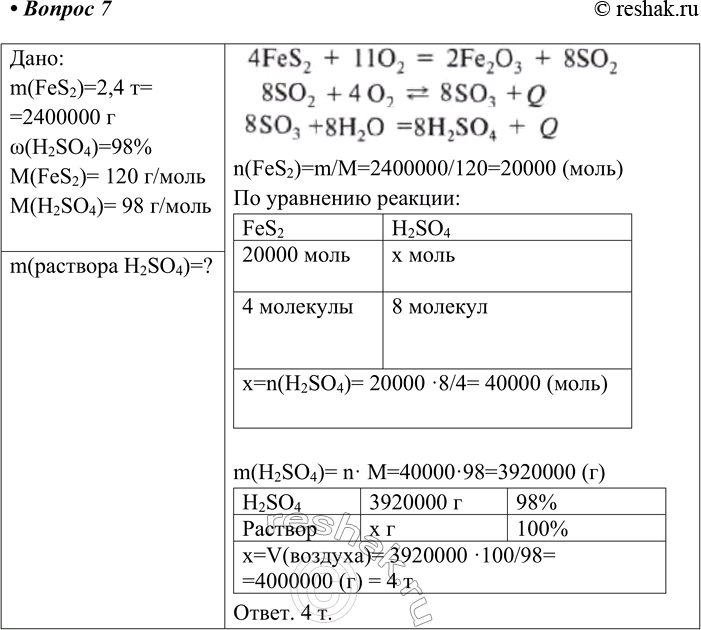  7.   98 %-       2,4  ?:m(FeS2)=2,4 = =2400000 w(H2SO4)=98%M(FeS2)= 120 /M(H2SO4)= 98...